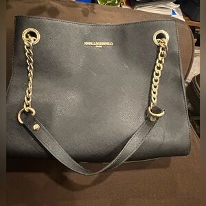 Karl Lagerfeld Black Chain-Handle Shoulder Bag with Gold Hardware